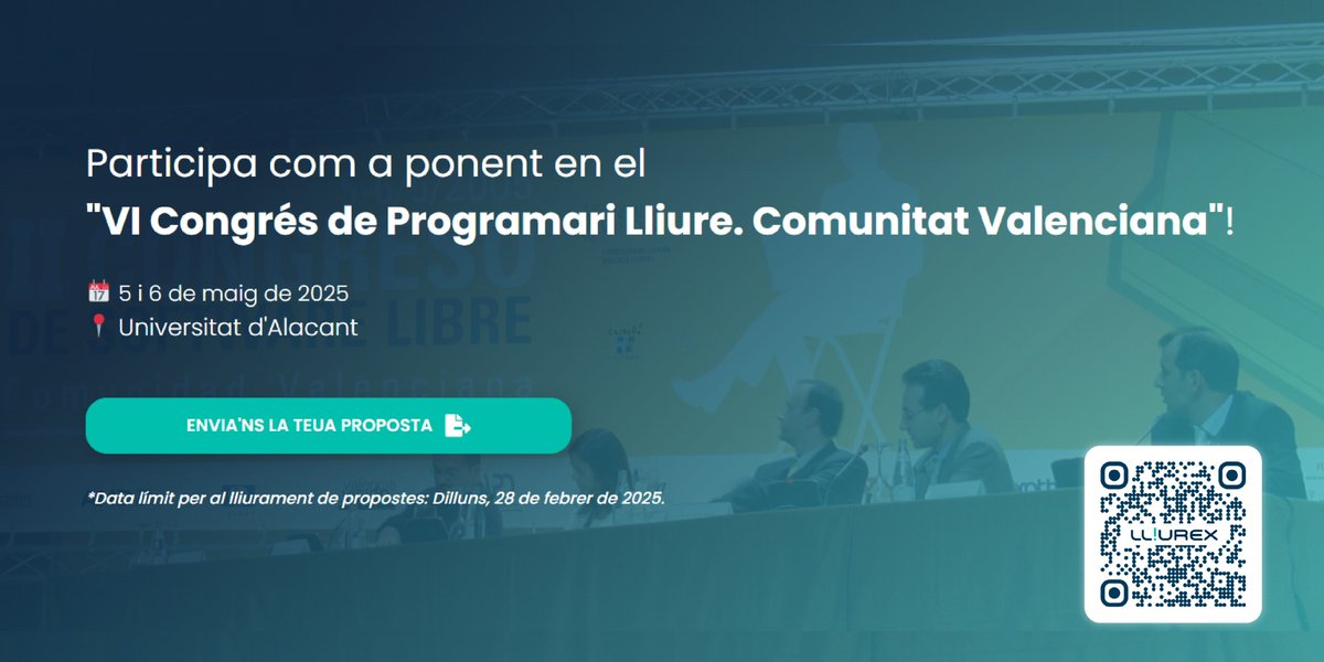 📣 Atenció entusiastes del programari lliure!

Ja és ací el "VI Congrés de Programari Lliure. Comunitat Valenciana"! Commemorarem el 20é aniversari de LliureX, presentarem una nova versió i realitzarem tallers i seminaris.

👉 Envia'ns la teua proposta!: congreso.lliurex.net