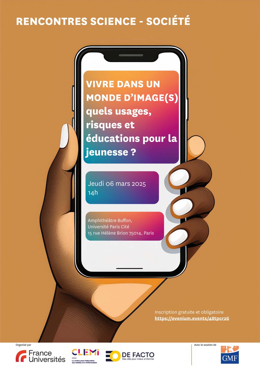 📅 Colloque : Vivre dans un monde d’image(s) : quels usages, risques et éducations pour la jeunesse ?

Rendez-vous le 6 mars à partir de 14h à l'Université Paris Cité avec <a href="/FranceUniv/">France Universités</a>, la <a href="/GMF_assurances/">GMF</a> et <a href="/DEFACTO_UE/">DE FACTO</a>.

Inscriptions : evenium.events/48tpcr26