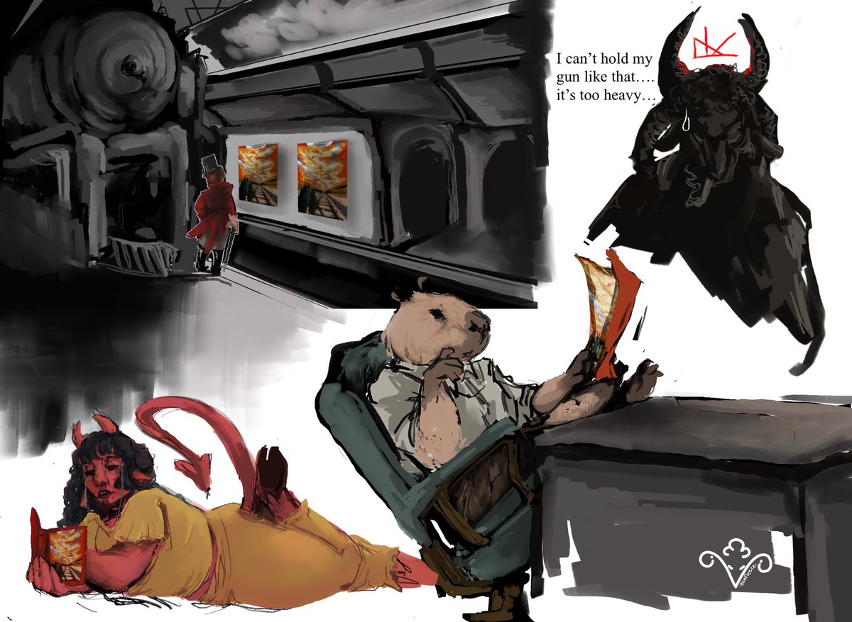 PICKMAN AND THE TRAIN.

my gift to <a href="/ratvortex/">mouthful of mulch</a> for #secretsamol!!! ft. some bonus sketches of the greatest foe of all: living up to expectations…