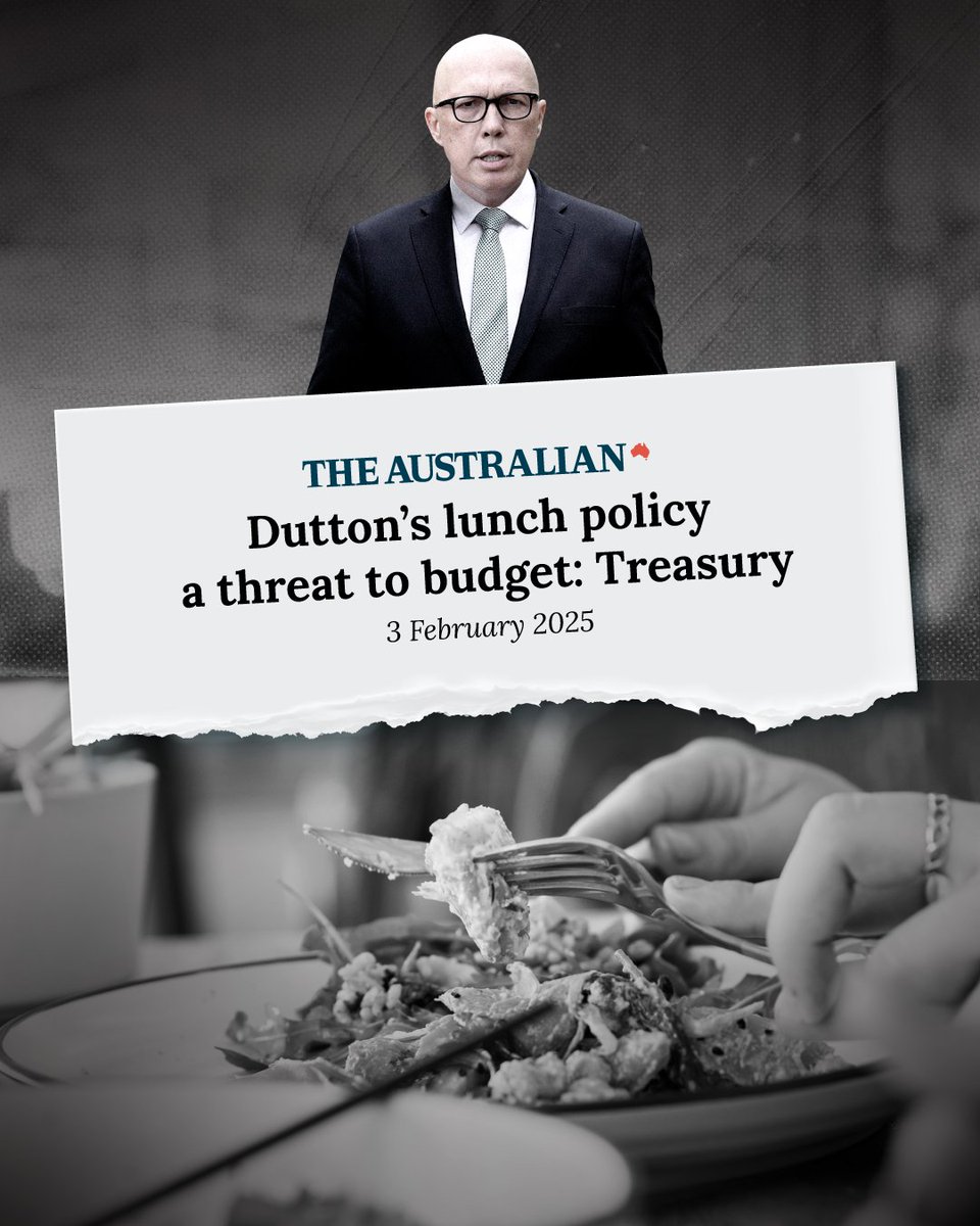 JEChalmers's tweet photo. Peter Duttonโs taxpayer-funded long lunches for bosses policy would cost billions and smash the budget. No wonder he wouldnโt come clean on the costs or what heโd cut to pay for it. #auspol #ausecon https://t.co/de4pV38xkZ