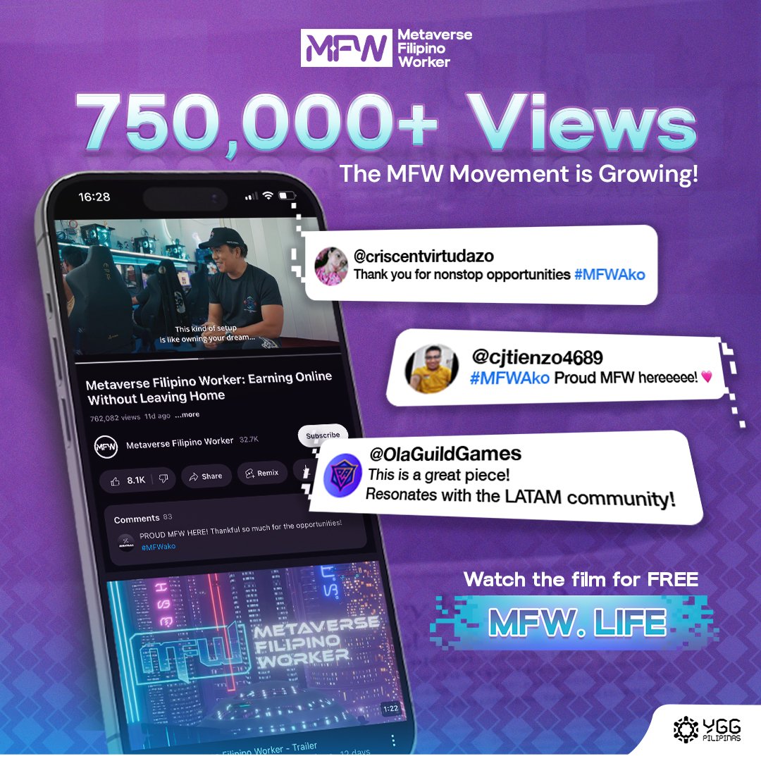 WeAreMFW's tweet photo. 🚨 750,000+ views and counting! 

The Metaverse Filipino Worker Short Film is sparking conversations and opening doors for Filipinos to learn, play, work, and grow in the digital world. 🌏  

People are talking about it—have you seen it yet? 

📢 Be part of the conversation. Watch now at https://t.co/E4UsScCRay 🎥 

Powered by @YGGPilipinas @YieldGuild