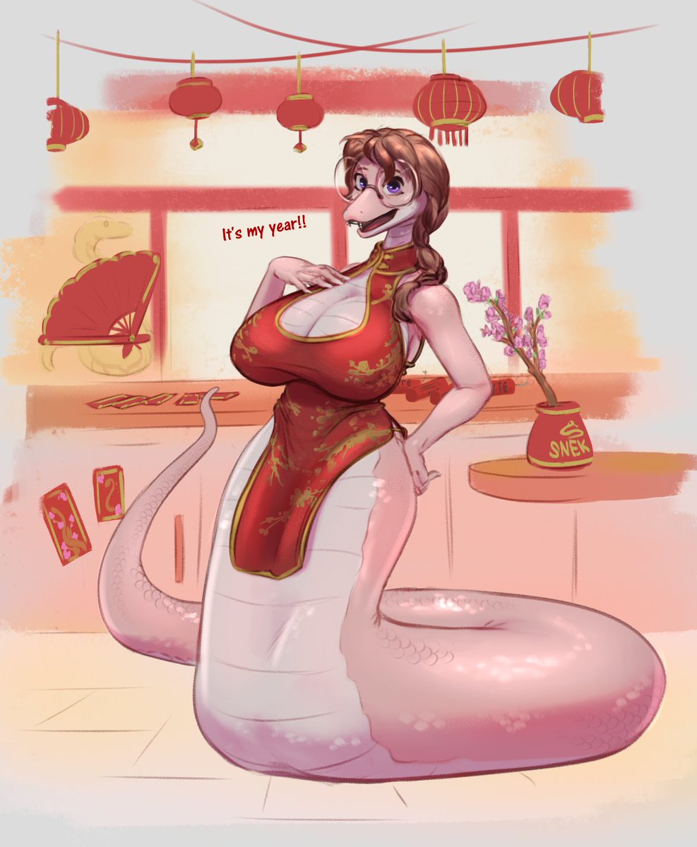 Year of the snek! Corporate allowed her to decorate but I'm sure HR has questions about the dress...   doodle of my yet unnamed snake character.