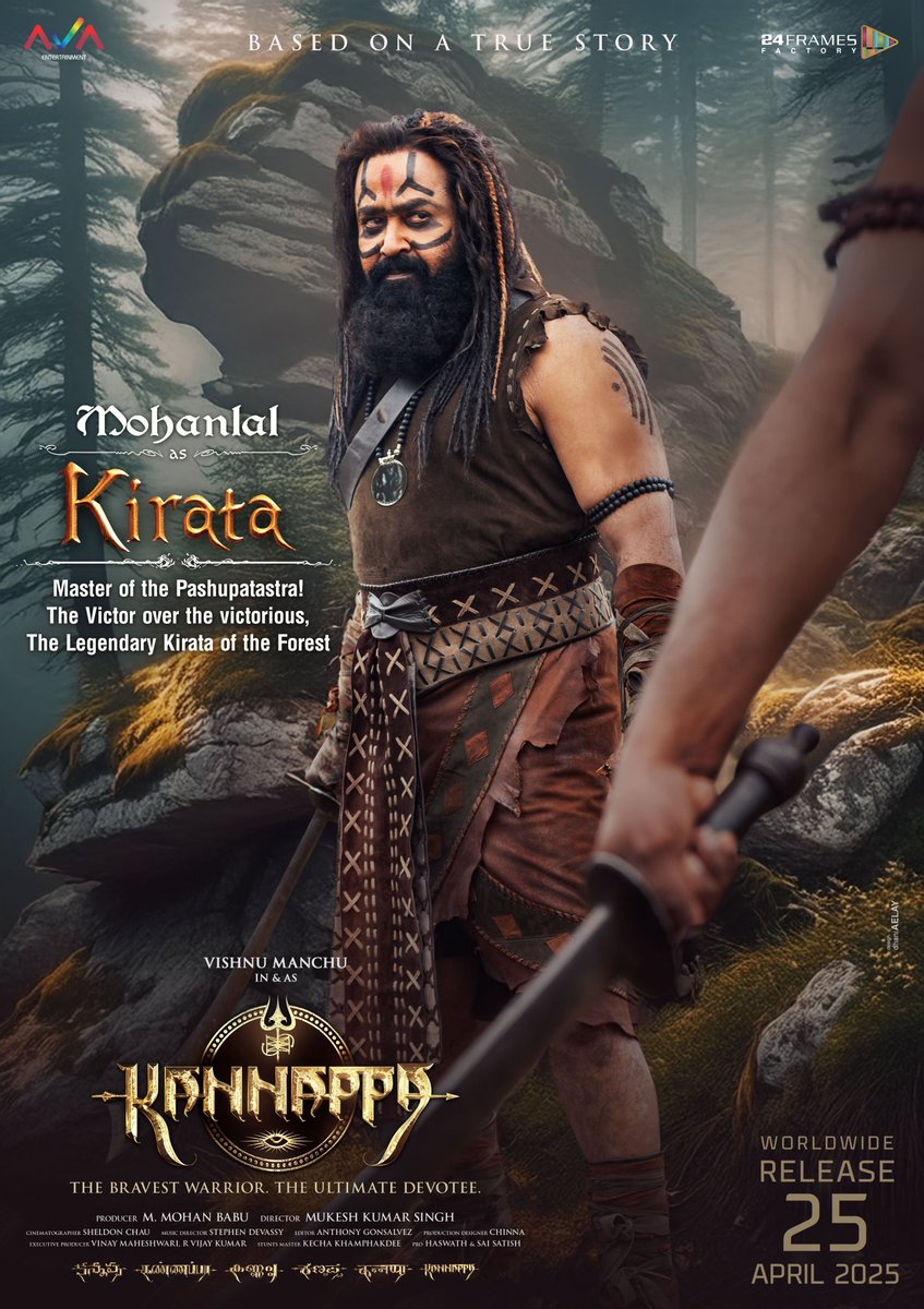 BOCIndia's tweet photo. Multistarrer Pan-India film #Kannappa is set to release on 25 April 2025 in Telugu, Malayalam, Tamil, Kannada & Hindi! #KannappaMovie #KannappaFirstLook https://t.co/KoHnyUcNgb