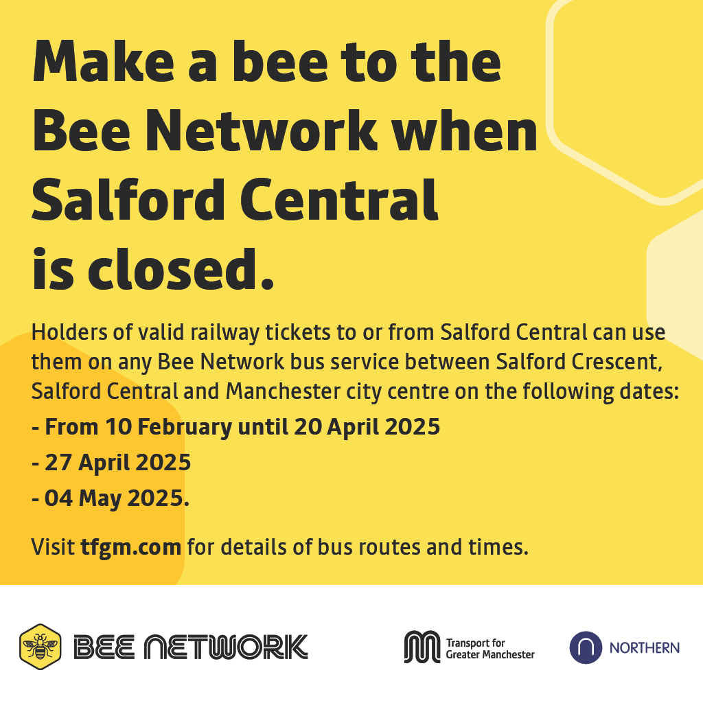 👷‍♂️🛠️Travel by train from Salford Central/Crescent? 

From 10 Feb to 20 April, Salford Central will be closed with tickets accepted on Bee Network bus services.

From March to Sept, buses will replace weekend trains between Manchester &amp; Bolton.

More info: beenetwork.com/rail-improveme…