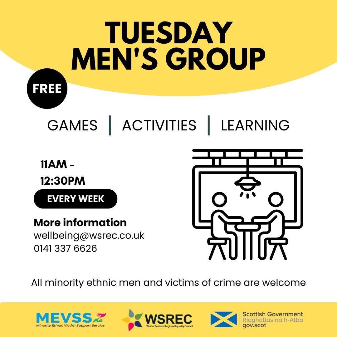 WSREC (@wsrec) on Twitter photo Our Tuesday Men's Group will take place tomorrow at 11 am
Open to all minority ethnic men and victims of crime.
📞 0141 337 6626
✉️ wellbeing@wsrec.co.uk
#wsrecwellbeing #wsrec #mevss #wellbeing #activities #workshops Our Tuesday Men's Group will take place tomorrow at 11 am
Open to all minority ethnic men and victims of crime.
📞 0141 337 6626
✉️ wellbeing@wsrec.co.uk
#wsrecwellbeing #wsrec #mevss #wellbeing #activities #workshops