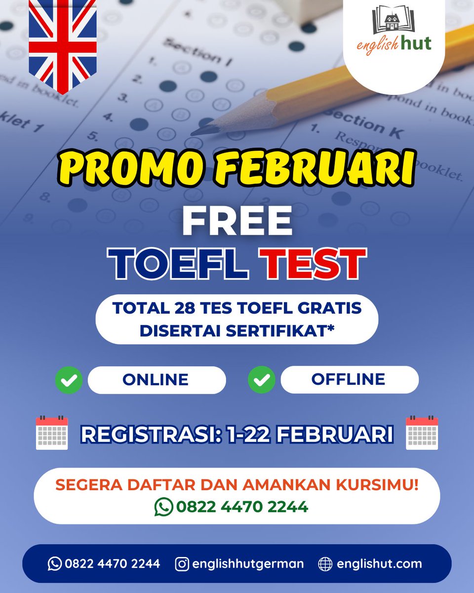 Ada promo tes TOEFL gratis lagi nih ☝🏼

Yuk segera daftar sebelum kehabisan kursi!
Hubungi kami via WA untuk informasi dan pendaftaran yaaa 😉 

#kursusbahasainggris
#belajarbahasainggris
#bahasainggris