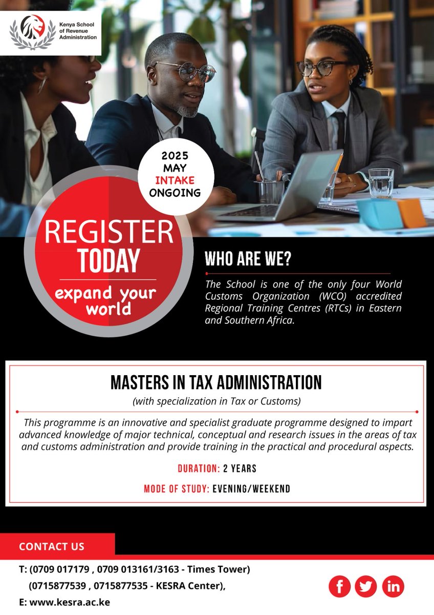 Ready to take your career to the next level?

#ExpandYourWorld with Master’s in Tax Administration at KESRA and gain specialized expertise in tax policies, administration, and leadership. This program is designed to equip you with the skills needed to thrive in the evolving world