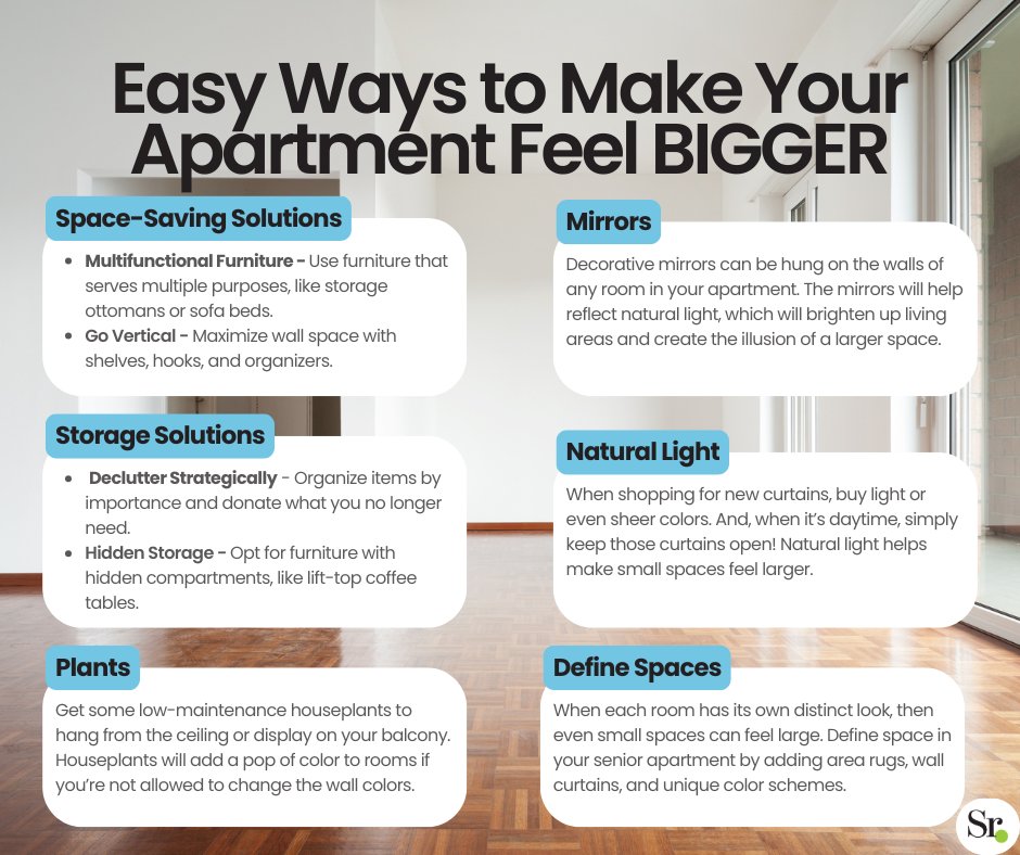 SeniorResourceX's tweet photo. Do you live in a small apartment? Decorative mirrors can be hung on the walls of any room to help reflect natural light, which will brighten up living areas and create the illusion of a larger space. 
#apartment #senior #seniorliving https://t.co/oygiVC3839 https://t.co/SPz6k8jvmj