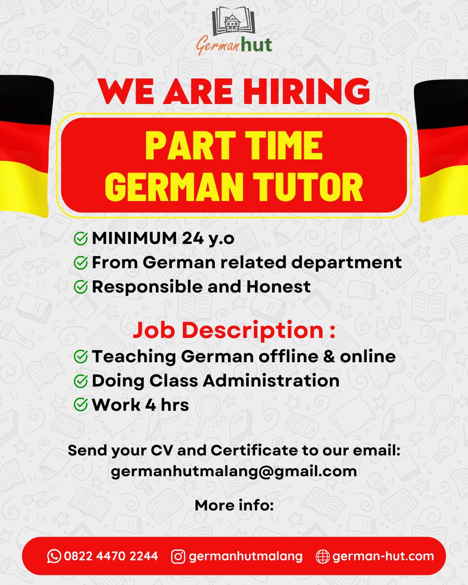 Lowongan kerja part time tutor bahasa Jerman malang☝🏼
Bagi yang ingin mendaftar, bisa langsung kirim CV ke email tertera yaa

#lokermalang
#lokerparttime
#parttimemalang
#infomalang