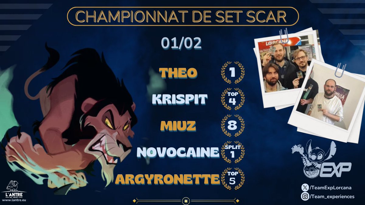 Team Experiences (@teamexplorcana) on Twitter photo RÉSULTATS DES SCARS 🦁 01/02
<a href="/TheCableXX/">Theo "Câble" Bigot</a> <a href="/KrispiT_FR/">KrispiT</a> <a href="/blienart/">Benjamin Lienart</a> <a href="/novocaine67/">novocaine</a> <a href="/Lorcana72/">EXP_Argyronette</a> RÉSULTATS DES SCARS 🦁 01/02
<a href="/TheCableXX/">Theo "Câble" Bigot</a> <a href="/KrispiT_FR/">KrispiT</a> <a href="/blienart/">Benjamin Lienart</a> <a href="/novocaine67/">novocaine</a> <a href="/Lorcana72/">EXP_Argyronette</a>