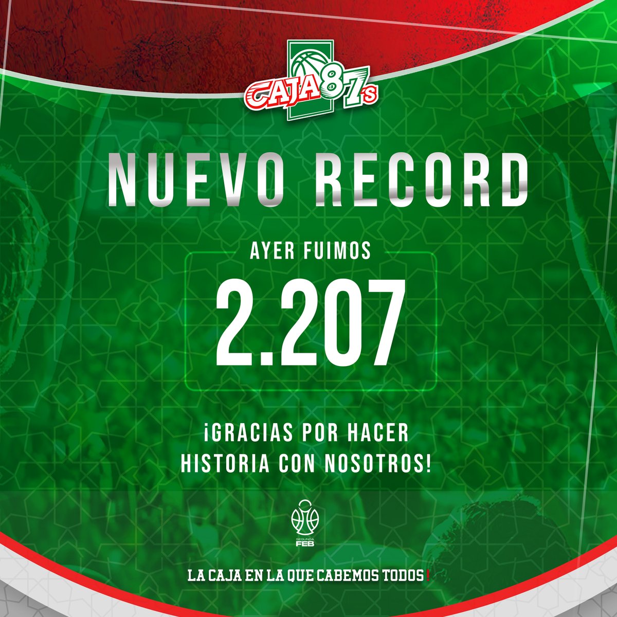 caja87basket's tweet photo. Nuevo récord de asistencia en San Pablo, 2207 asistentes! 🎉💪 Cada vez somos más, porque más que nunca, somos LA CAJA EN LA QUE CABEMOS TODOS. ❤ 🏀✨ Apúntate al próximo partido, ¡aún hay sitio para ti! ¡Sigue haciendo historia con nosotros! 🙌 #PasiónSanPablo #VamosEquipo https://t.co/iXdL8H9z0T