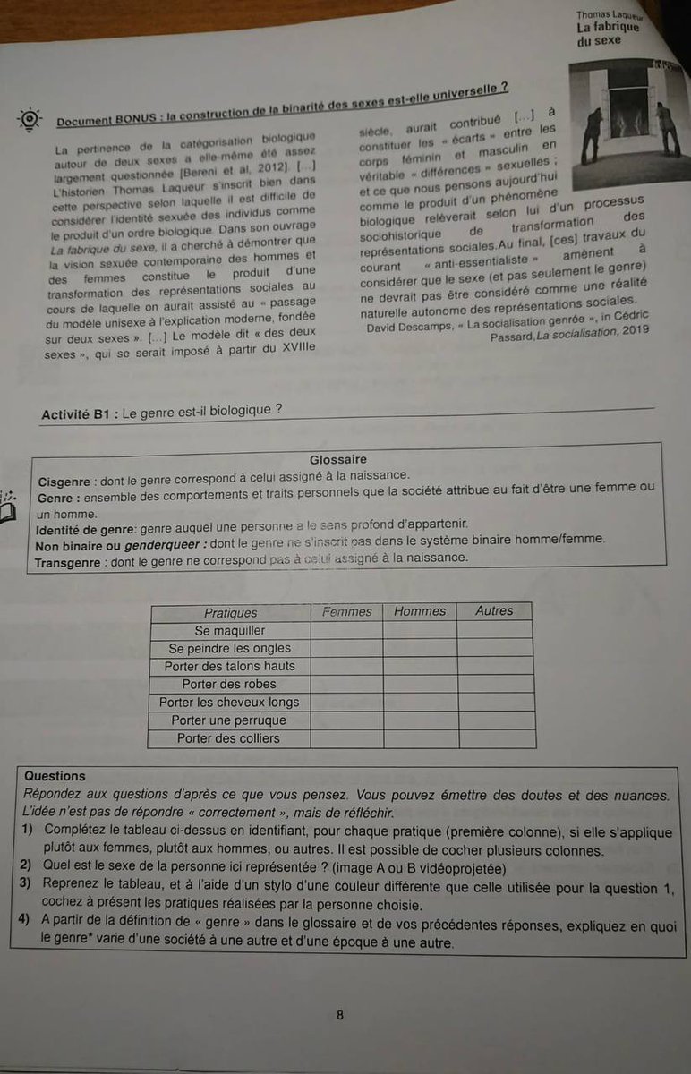 Dn641608671's tweet photo. ⚠️🇨🇵 Alerte à l'école 
Les élèves d’une classe de seconde du lycée Ferdinand Buisson à Voiron (Isère) ont découvert en cours de SES que la binarité des sexes n’est pas biologique, mais « construite ».

Voici aujourd’hui ce qui est enseigné à nos enfants !
https://t.co/Q8LWzCijh8 https://t.co/8X2sWd3g6g