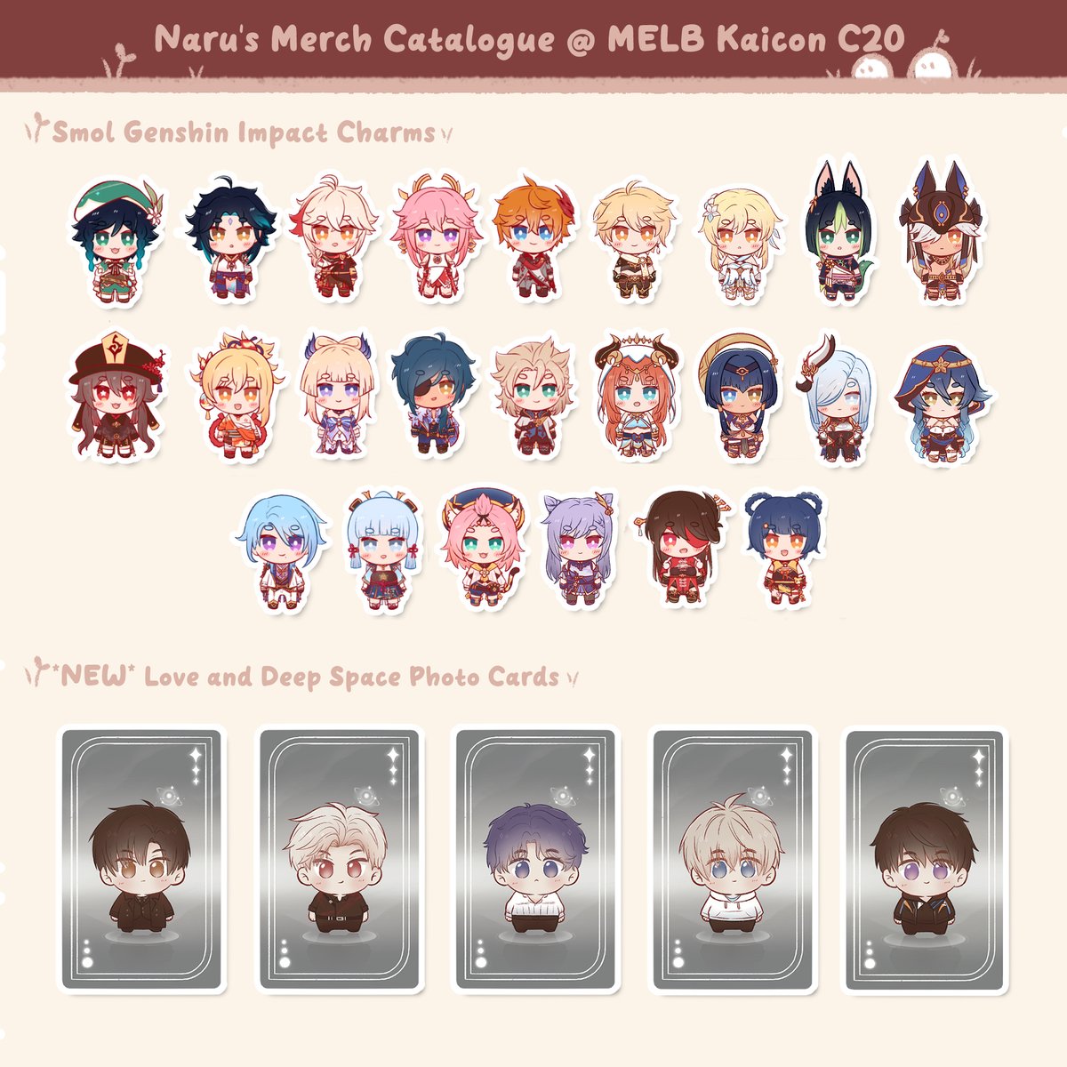 naruwu's tweet photo. ✨🌱Naru will be at MELB KAICON 2025 at table C20 with @xhibiki19 🌱✨Merch catalogue not much difference from previous kaicon but i've made a new Caleb photocard! Hope to see you there (✿´ ꒳ ` ) https://t.co/6nPXR91Brc