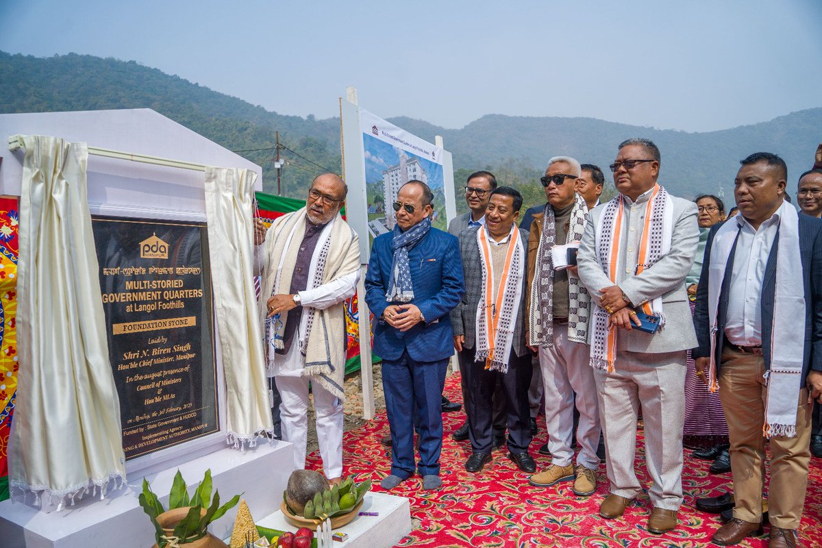 manipur_cmo's tweet photo. HON'BLE CM N BIREN SINGH LAYS FOUNDATION STONE FOR MULTI-STORIED RESIDENTIAL QUARTERS.

The government has been putting all efforts since 2017 to bring developmental changes across the State in both the hills and the valley, Hon'ble CM N Biren Singh said today.

Hon'ble CM was speaking as the chief guest of the foundation stone laying ceremony for construction of multi-storied government quarters at Langol Housing Complex, Imphal West.

Hon'ble CM said that around two and half years were lost to the COVID-19 pandemic. However, despite the challenges, the government had made some big achievements, he added.
After the government return for the second term with the love of the people, it has lost around two years due to the present situation. But the government has not stopped, it has continued with developmental projects and at the same time work towards resolving the situation, Hon'ble CM stressed. 
Hon'ble CM said that the multi-storied housing quarter will be G+7 building. He further explained the need for vertical expansion to minimize land use. He further highlighted similar construction at New Checkon area where 13 high rises are being constructed as government quarters.
Stating that similar high rises will be constructed, Hon'ble CM appealed to the people to care for nature, maintain neatness, cleanliness and ensure that drainage systems are not blocked.

He further explained the developmental project being taken up to rejuvenate Lamphalpat and said on its completion it can be used as recreational spot. He also spoke on the need for proper planning and vision while constructing structures.
While pointing out lost time due to various reasons and the fact that the State has a long rainy season,  Hon'ble CM urged the PDA and the concerned contractors to work day and night for timely completion of the building.
It may be mentioned that the project is being taken up at the Project Cost of around Rs.65.60 crore with funding of HUDCO with State share. The twin block of (G+7 building) has Dwelling Units of 64 numbers of Type-III having 2 Bedrooms, 1 Kitchen, 1 Living cum Dining Room, 2 attached toilets, balconies and other amenities.

The ceremony was attended by Ministers Dr. Sapam Ranjan Singh, Shri Th. Basanta Singh, Khashim Vashum, MLAs Shri Sapam Kunjakeswor Singh, Shri Karam Shyam, Shri Usham Deben Singh, Shri Th. Shyamkumar, Shri Losii Dikho, officials among others.