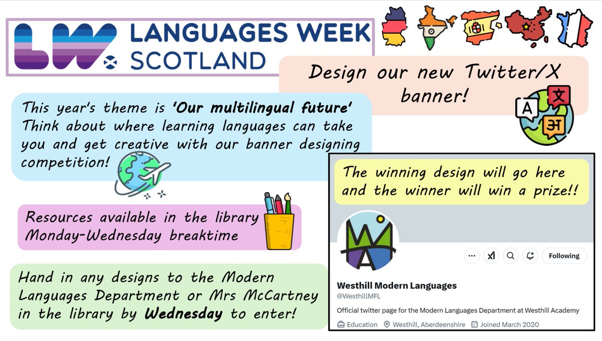 It's Languages Week Scotland!🥳Help us celebrate this week by taking part in our banner designing competition and joining us in the library on Wednesday at lunchtime for a language quiz!🌍 #ScotlandLovesLanguages