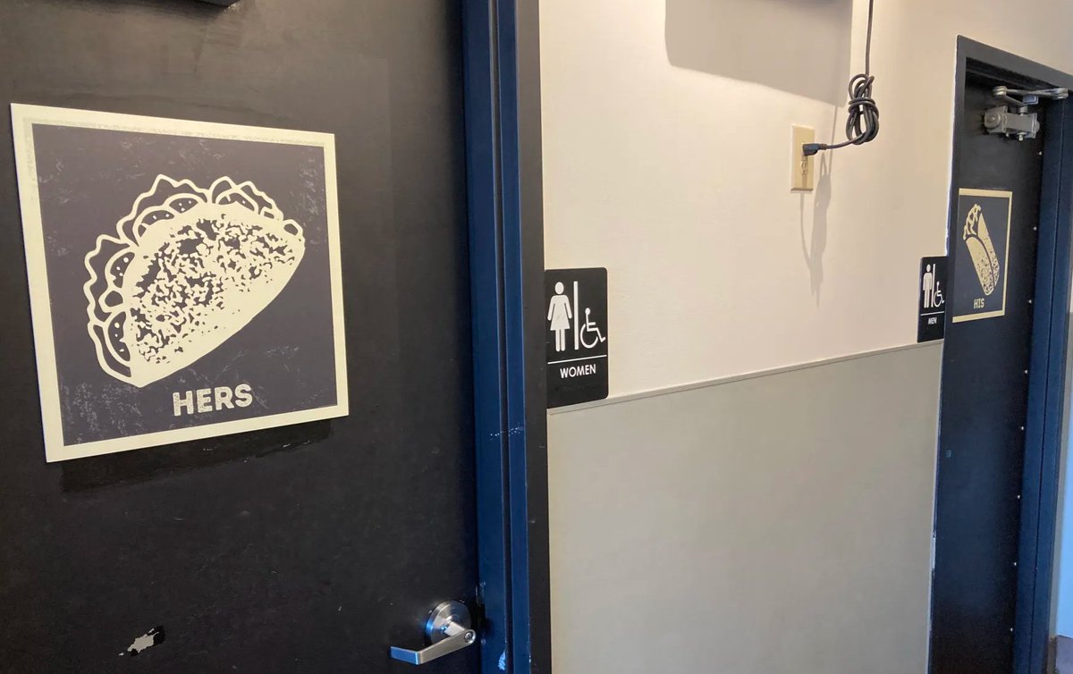 Spaid71454064's tweet image. The pictures on the Bathroom doors at my local Moe&apos;s had me laughing.  Well played.

@Moes_HQ