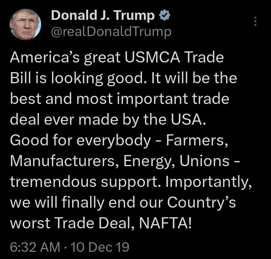 Kven var det nå som forhandla fram den elendige handelsavtalen med Canada og Mexico?