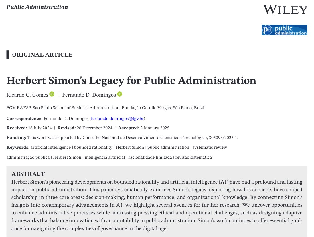 Julián Villodre (@villodrejulian) on Twitter photo 🚨"Herbert Simon's Legacy for Public Administration" (with reflections in relation to #AI):
Three core areas of impact: 🧠Decision-making 📈Human performance 📖Organizational knowledge
Published at <a href="/journal_pa/">PA Journal</a>: onlinelibrary.wiley.com/doi/10.1111/pa… 🚨"Herbert Simon's Legacy for Public Administration" (with reflections in relation to #AI):
Three core areas of impact: 🧠Decision-making 📈Human performance 📖Organizational knowledge
Published at <a href="/journal_pa/">PA Journal</a>: onlinelibrary.wiley.com/doi/10.1111/pa…