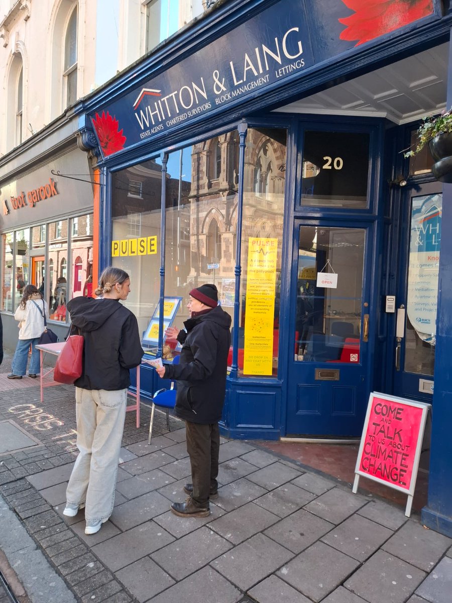XRExeter's tweet photo. Pop-up Pulse is now open. Drop in for a chat about the poly crisis (climate, cost of living, political etc) Find us at 20 Queen Street, Exeter opposite the Museum https://t.co/u9vJ2yCzlp