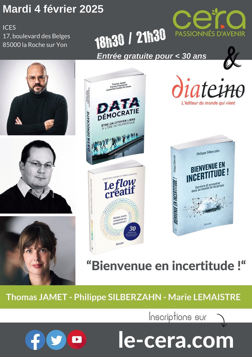 jmmousset's tweet photo. BIENVENUE EN INCERTITUDE ! Conférence @le_cera ce mardi 4/02 à 18h30 à @ICES_UnivCatho animée par @JStaune avec Thomas JAMET @tomnever @phsilberzahn Marie LEMAISTRE Sébastien LAADING @Diateino Il reste des places ici : https://t.co/baWKMisPCC https://t.co/C54S7qISXe