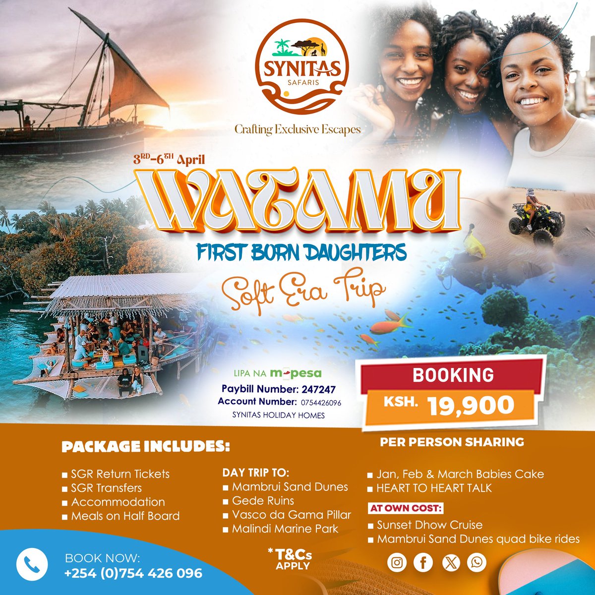 🎉 Firstborn Daughters Unite! Celebrate YOURSELVES with our exclusive Soft Era Trip to Watamu 🏖

✔ ️ SGR tickets, transfers &amp; half-board meals 
 ✔ Explore sand dunes, ruins &amp; marine parks 
 ✔ Cake &amp; Heart-to-Heart Talks ❤️ 

Call: +254(0)754 426 096

 #SynitasSafaris
