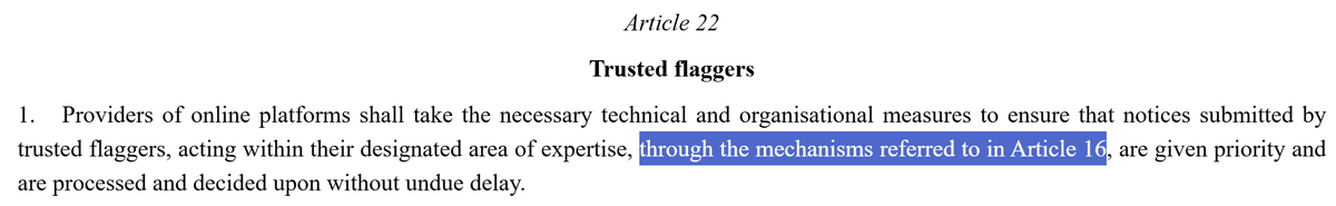 TijlDeBie's tweet photo. 2/ De #DSA is daar zeer geniepig in:
De taak van #TrustedFlaggers wordt duidelijk beperkt tot melden van illegale inhoud.
Maar het staat de platforms vrij om die meldingen ook te gebruiken om schendingen van hun T&Cs te bestrijden.
'Factcheckers' moeten gewoon nog binnenkoppen.