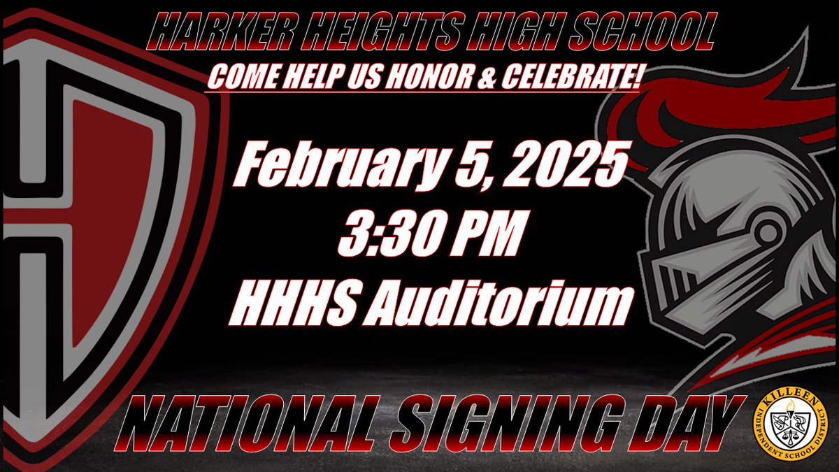 Mark Humble (@markhum7) on Twitter photo Come help us HONOR & CELEBRATE our student-athletes on National Signing Day!
February 5, 2025
3:30 PM - HHHS Auditorium
#RepTheShield 🛡️ #HonorHeights ⚔️
<a href="/KilleenISD_/">KISD Sports</a> Come help us HONOR & CELEBRATE our student-athletes on National Signing Day!
February 5, 2025
3:30 PM - HHHS Auditorium
#RepTheShield 🛡️ #HonorHeights ⚔️
<a href="/KilleenISD_/">KISD Sports</a>