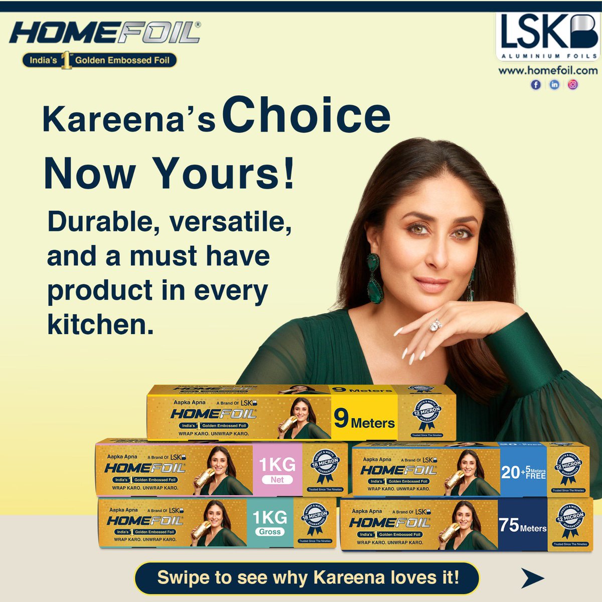 homefoil's tweet photo. Do you know why Kareena chose Homefoil?
✅ Ultra-premium foil with 18-micron thickness
✅ Keeps your food fresh,always
✅ Durable, versatile & a must-have in every kitchen
✅ Safest built-in cutter for effortless use
#Homefoil #Goldenfoil #KareenaChoice #KareenaKapoorKhan #LSKB https://t.co/zJOK4qEXSW