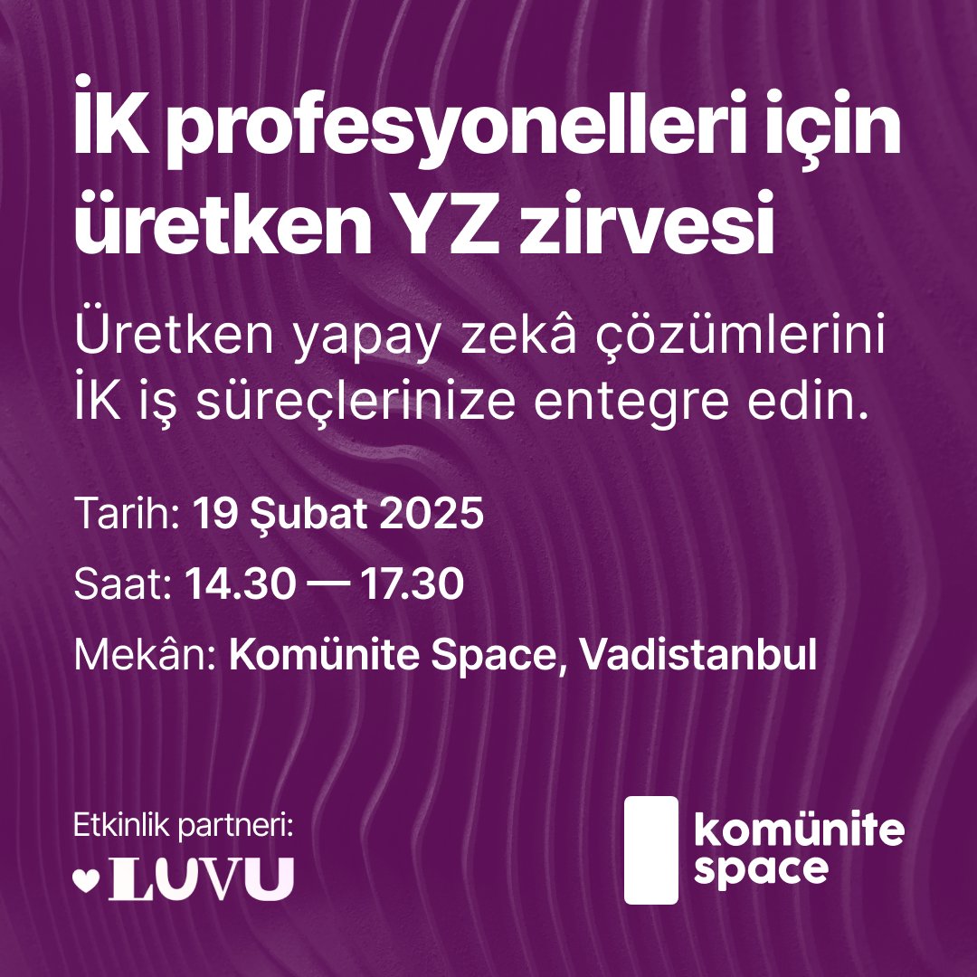 Komünite —— Bir defa yap, hep sat! (@komunitecomtr) on Twitter photo 19 Şubat’ta, Komünite Space’te (<a href="/komunitespace/">Komünite Space</a>) “İK Profesyonelleri için Üretken Yapay Zeka Zirvesi”ni bir kez daha gerçekleştiriyoruz!
Bu zirveyi, özellikle İnsan Kaynakları ve Learning & Development departmanlarında görev alan profesyonellerin, üretken yapay zekâ alanındaki 19 Şubat’ta, Komünite Space’te (<a href="/komunitespace/">Komünite Space</a>) “İK Profesyonelleri için Üretken Yapay Zeka Zirvesi”ni bir kez daha gerçekleştiriyoruz!
Bu zirveyi, özellikle İnsan Kaynakları ve Learning & Development departmanlarında görev alan profesyonellerin, üretken yapay zekâ alanındaki