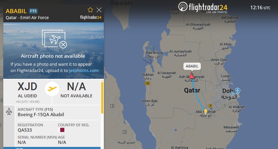5472_nde's tweet photo. ABABIL #F15QA of the #QatarAF showing on ADSB. 1217z The F-15QA Ababil is one of the latest versions of the F -15 Eagle, one of the first F-15 variants to feature full fly-by-wire flight controls. Developed for the Qatar Emiri Air Force, the F-15QA was rolled out in 2021. https://t.co/eiu1vociNQ