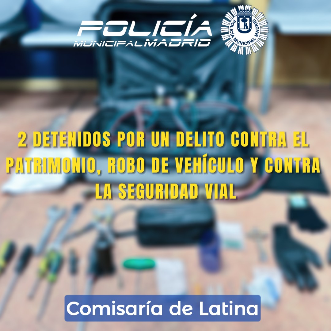 🚨Dos detenidos en #Latina por un delito contra el patrimonio, robo de vehículo y contra la #SeguridadVial 
➡️Uno de los individuos conducía sin permiso para ello.
➡️Circulaban con la matrícula falsificada.
➡️En el maletero se encontraron útiles para la comisión de hurtos.
#PMM