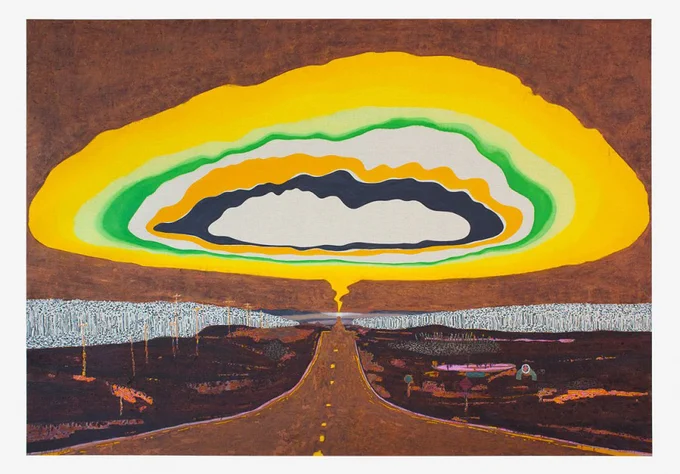 ウィリアム・モンクの絵画は、煙や噴火する火山を幻想的な色彩で描き、終末的な風景を表現している。漫画やSFの視覚言語を取り入れ、自然災害や人為的惨事の美しさを描く。風景と抽象の境界にある映画的構成を特徴とし、進化するシリーズとして、過去のテーマに立ち戻り、繰り返し制作することもある。 
