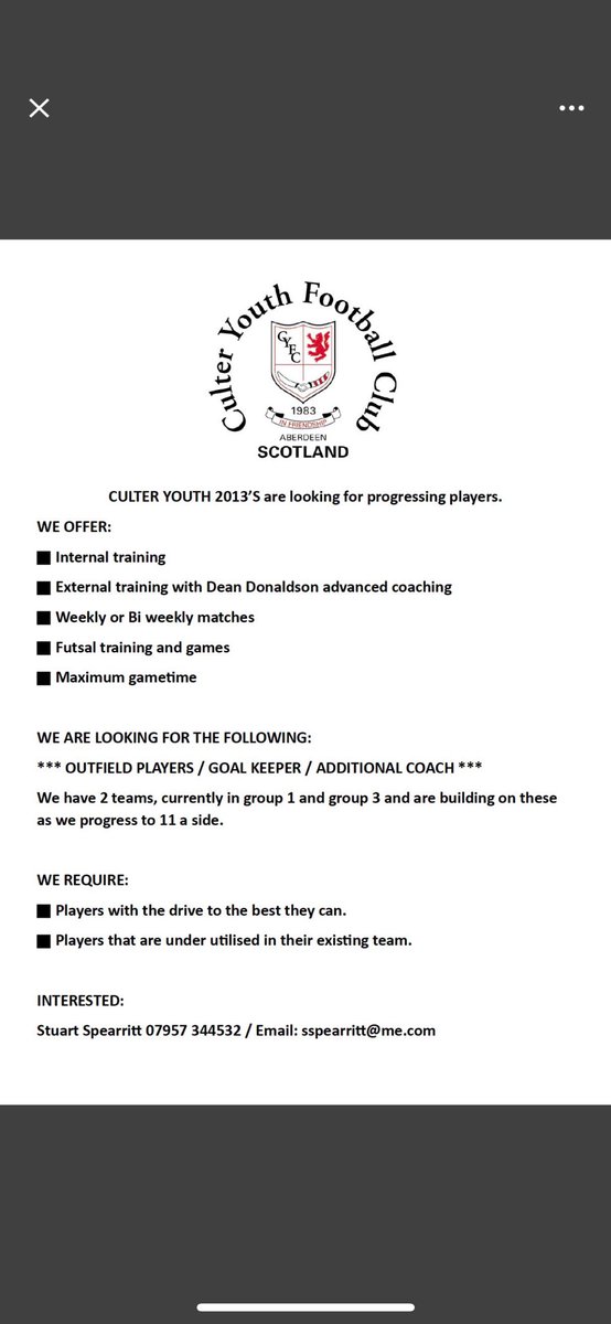 culter youth have the opportunity for a few players to come in and enhance an already good squad ⚽️

Please see below 👇