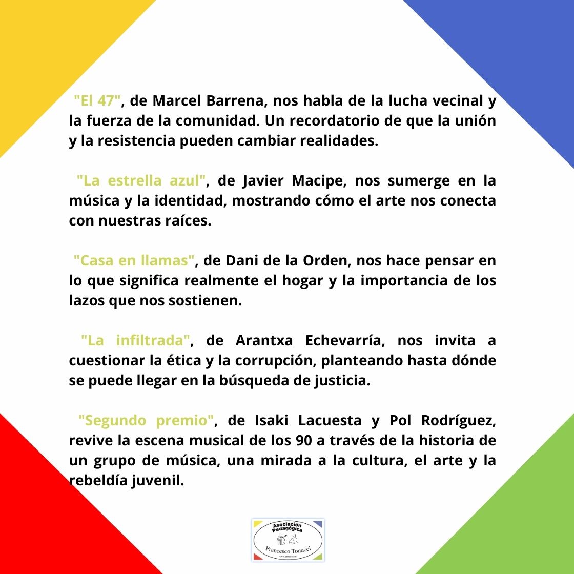 Cine para mirar con ojos de educación.
El cine tiene el poder de emocionarnos, hacernos reflexionar y, sobre todo, enseñarnos. Premios Goya 2025:cada historia es una oportunidad para aprender.
¿Con cuál conectarías en el aula o en casa?
#APFRATORecomienda
#MirarConOjosDeEducación