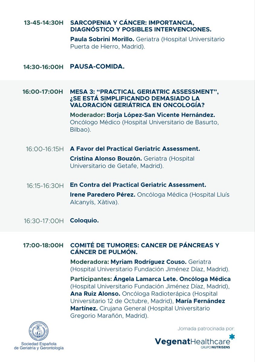 Os esperamos en la IV JORNADA NACIONAL NUEVOS RETOS DE LA ONCOGERIATRÍA, que tendrá lugar el 04 de Abril en Madrid. Dirigida a todo tipo de especialistas dedicados a la atención del paciente mayor con cáncer. ¡Aforo limitado! Programa e inscripciones aquí: segg.es/media/agenda/P…