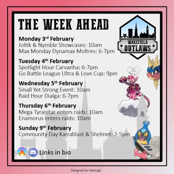 👋Hello trainers, here's what's on this week

🔥Check Campfire for meet ups
tinyurl.com/4n3yd999

#pokemongo #pokemongoappuk #ambassador #pokemon #pokemongocommunity #wakefield #niantic #communityambassador #wakefieldoutlaws #outlaws