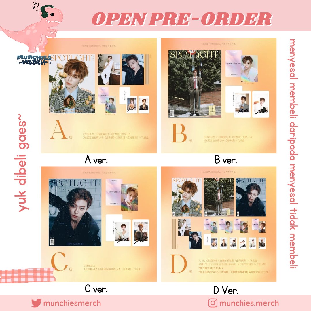 ⺌꒰ Open Pre Order NCT Dream Jaemin x Spotlight Magazine ꒱⺌
#po_munchies 

🔗 link order : bit.ly/jajandimunchies
📅 close po : 17 Feb 25 (20.00 WIB) 

❀ Type A (+roll poster)
— 285k DP 150k

❀ Type B/C
— 270k DP 150k

❀ Type D (A+B+C)
— 790k DP 450k

(fix price min. 5