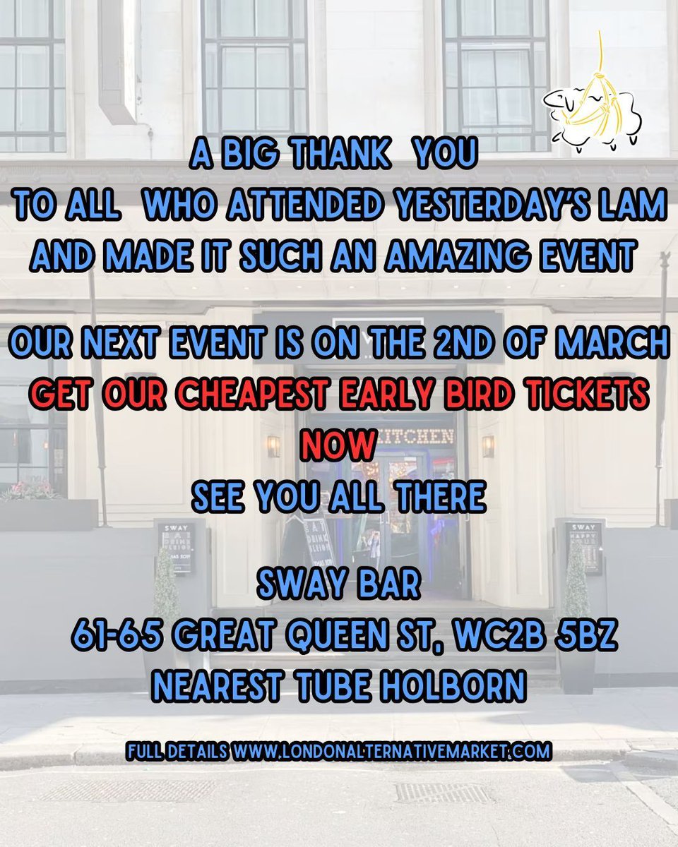 LonAltMarket's tweet photo. A big thank you to all who came to LAM yesterday and made it an amazing event.

⁠Don’t miss out on securing our cheapest reduced price early bird tickets for our next event now at https://t.co/GM3PrUyDJy

These tickets are only available until midnight on the 8th of February

LAM will be back on Sunday, the 2nd of March to celebrate our 19th Birthday, 
at the Sway Bar, 61-65 Great Queen St, WC2B 5BZ ⁠

Our events host three unique shopping areas across two levels, along with a social space on the ground floor and a variety of workshops in a separate section.  ⁠
🥵 Explore three carefully curated shopping areas  ⁠
📓 Participate in workshops happening throughout the day in the dedicated section  ⁠
🍹 Indulge in delicious dining options at the bar and restaurant  ⁠
🪢 Take part in a special session focused on guided rope techniques  ⁠
⛓️ Join us for an after-party that includes a fully equipped play area  ⁠
⁠