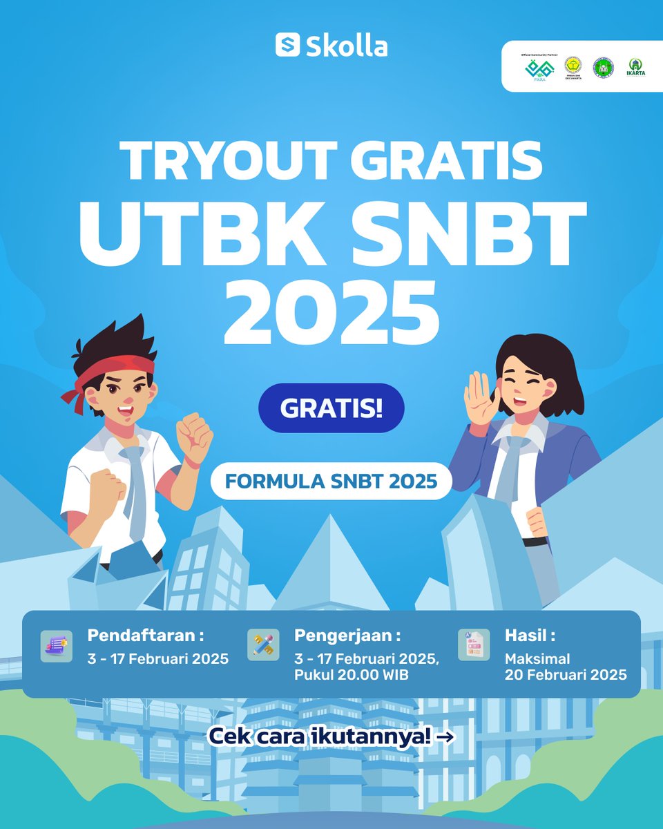 🚨𝗠𝗘𝗠𝗔𝗡𝗚𝗚𝗜𝗟 𝗣𝗘𝗠𝗕𝗨𝗥𝗨 𝗧𝗢 𝗚𝗥𝗔𝗧𝗜𝗦!📣

Formulasi terbaru:
Jumlah, durasi, tipe, dan bisa dijeda!

Syarat daftarnya:
1. Install app Skolla
2. Follow <a href="/SkollaOnline/">Skolla | Bimbel UTBK SNBT 2026</a>, like, RT
3. Tag 5 orang teman
4. Daftar melalui form (link bio)

Cuma sampai 17 Februari 2025‼️