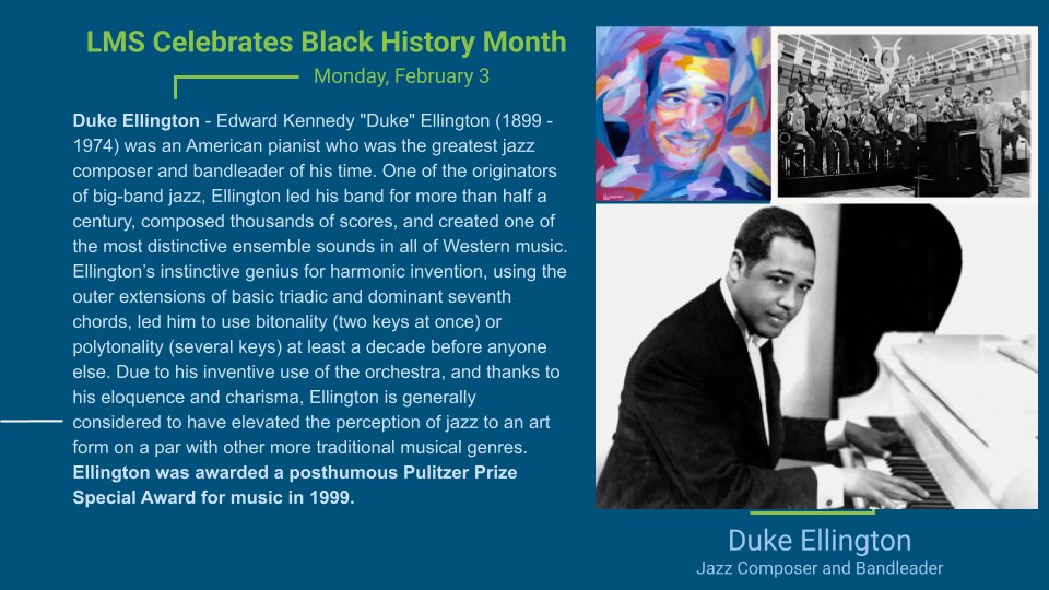 LMS Celebrates Black History Month <a href="/ArlingtonCSD/">Arlington Schools NY</a> Duke Ellington - Monday, February 3