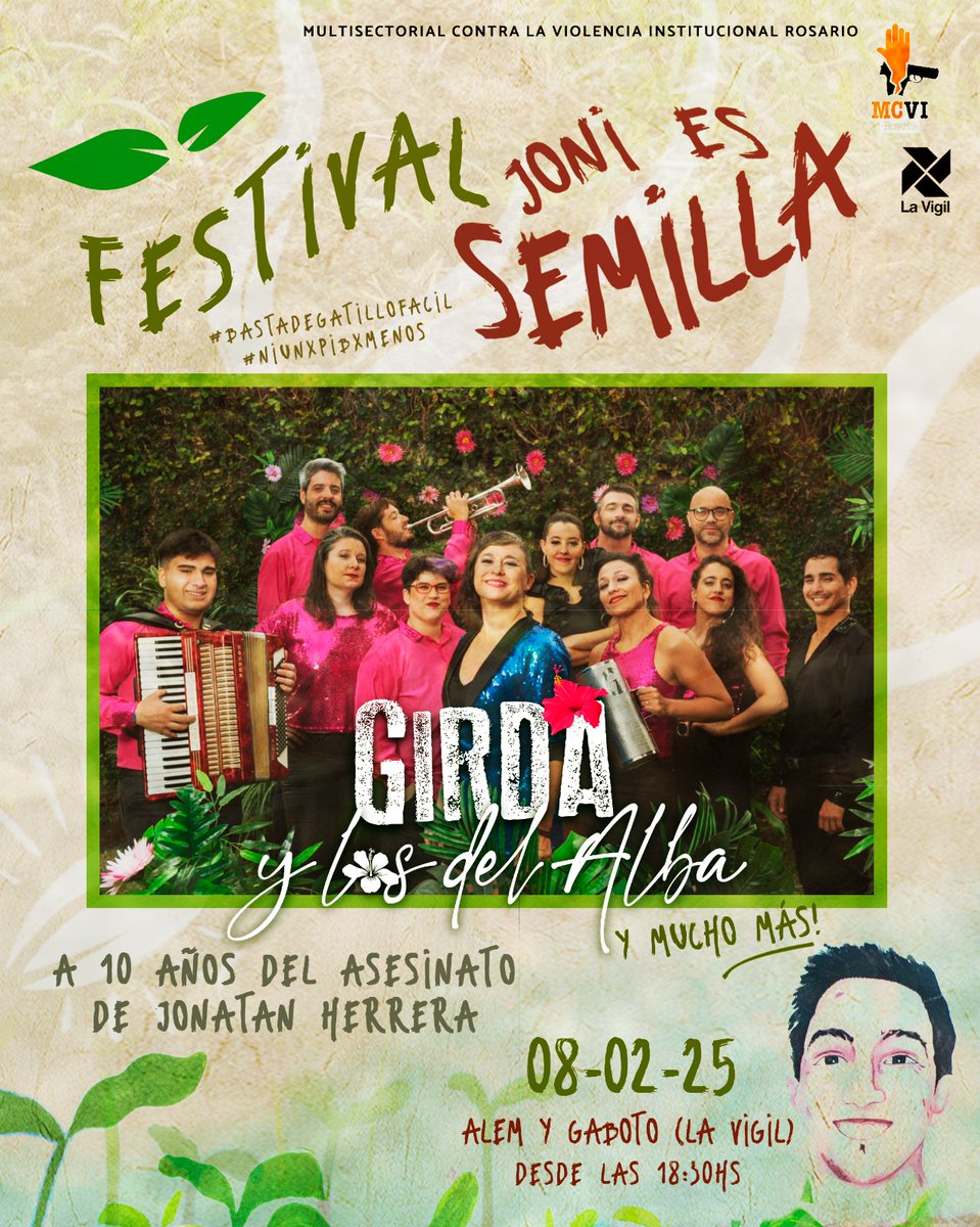 MultisectorialI's tweet image. 🎶🌱 FESTIVAL "JONI ES SEMILLA" - 10 Años

💃🏻 Artistas confirmados/as: Girda y los del Alba‼️❤️‍🔥
Y muchos más!

📌 Sábado 8 de febrero, desde las 18:30 hs.
📍 Alem y Gaboto (La Vigil)

🍔🎶 Bandas - Buffet
🌱 ¡Traé un alimento no perecedero o un útil escolar y llevate un plantin!