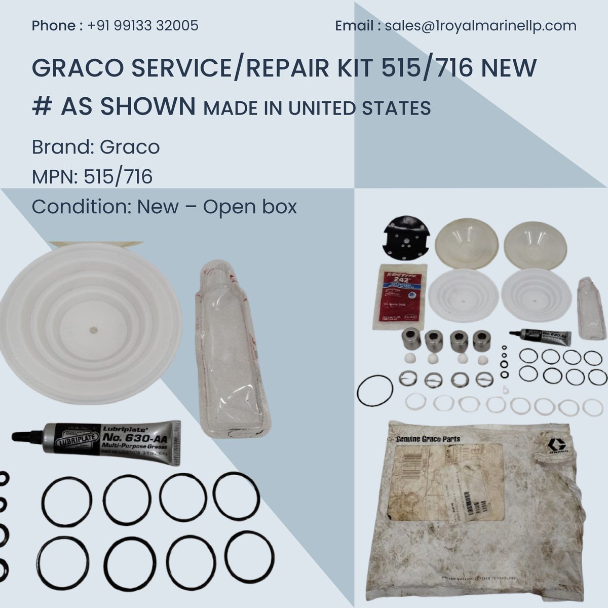 RMarinellp's tweet image. GRACO SERVICE/REPAIR KIT 515/716 NEW # AS SHOWN

- Brand: Graco
- MPN: 515/716
- Country/Region of Manufacture: United States
- Condition: New – Open box

Explore more at 1royalmarinellp.com
Mobile: +91 9913332005
Email: sales@1royalmarinellp.com

#Graco #ServiceKit