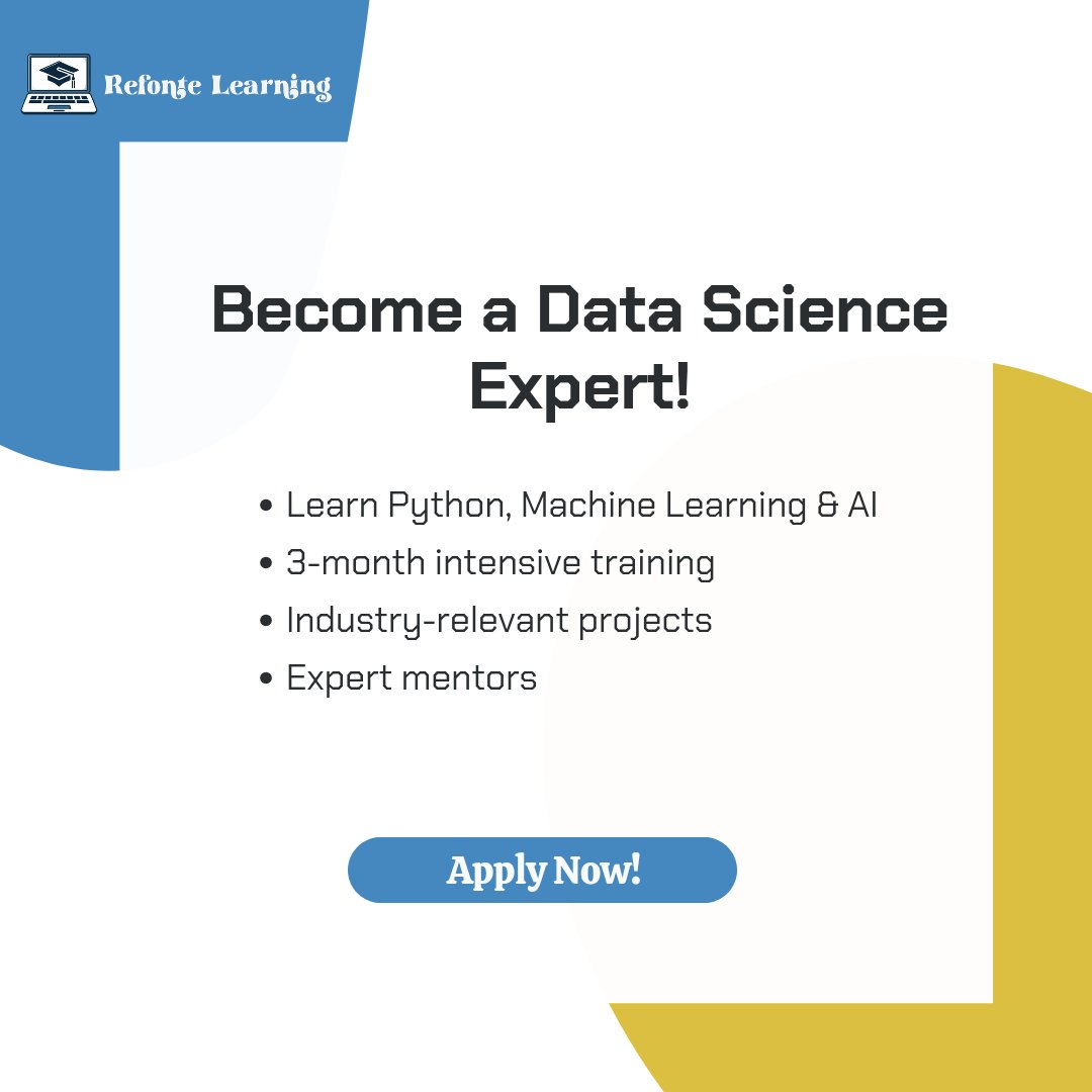 RefonteLearning's tweet image. Start your Data Science journey today! Our hands-on training will prepare you for high-paying jobs in tech. Enroll now! 
refontelearning.com

#DataScience #AI #CareerGrowth #TechTraining #RefonteLearning