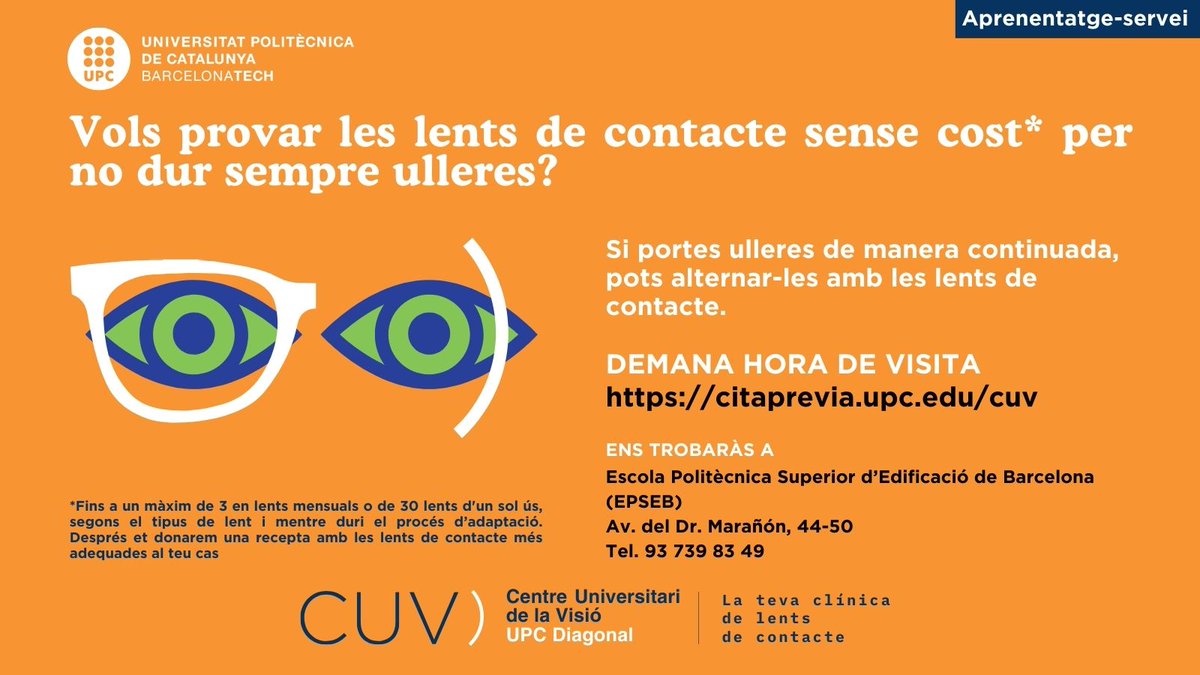 ⁉️ Vols provar les lents de contacte sense cost per no dur sempre ulleres?

👁️ Coneix el Centre Universitari de la Visió UPC Diagonal (<a href="/cuv_upc/">CUV UPC</a>  - Diagonal)
etseib.upc.edu/ca/estudis/not…