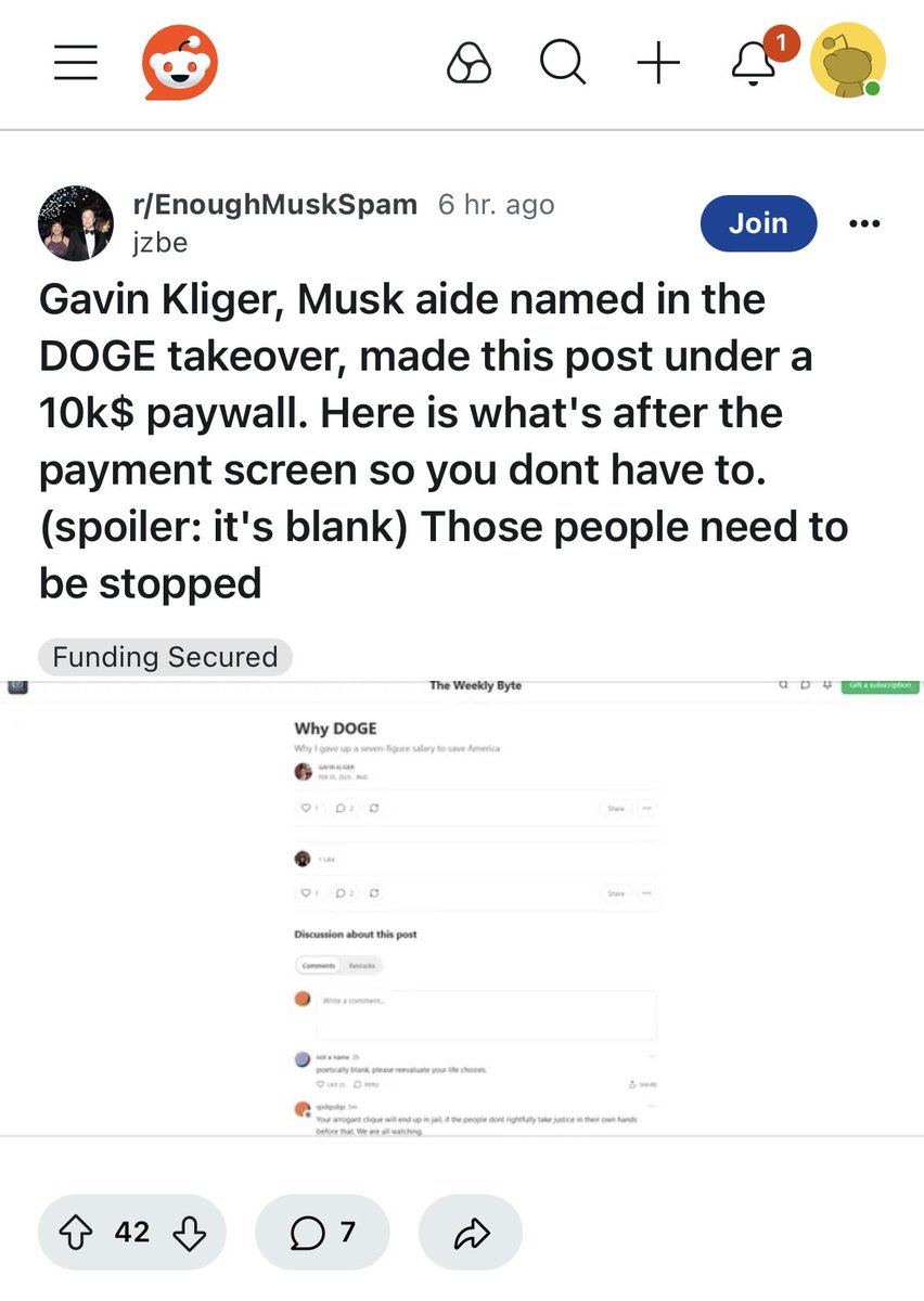 jneeley78's tweet photo. Another of the DOGE Six, Gavin Kliger, has a substack and in response to the Wired article wrote a paywalled post titled “Why DOGE” with a $1k a month subscription price ($10k annual). The post is blank. https://t.co/AI0IXx0pI3