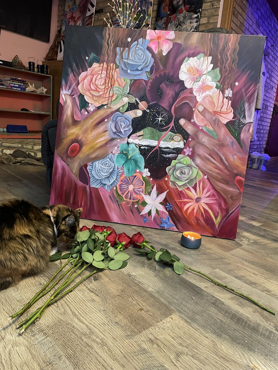 Give kitty a like #painting #art #artist #nftart #NFTMarketplace #nftartist #femaleartist  
This piece was inspired by a vision I had of gods heart. Inside his heart is the entire universe , where we can rest like a child, within his holy embrace.