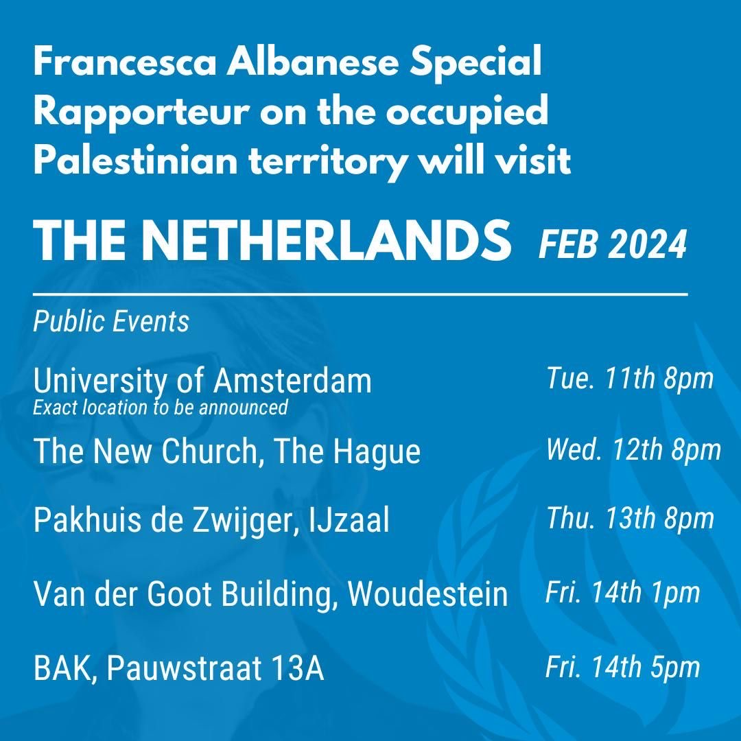 FranceskAlbs's tweet photo. From tomorrow and for the next two weeks, I will be travelling across 🇩🇰 Denmark, 🇳🇴Norway, 🇳🇱the Netherlands - and 🇩🇪Germany (on this, more to come), to talk about International Law and Palestine. Main public events are listed below. So many wonderful people have been working to prepare this visit: I look forward to meeting them, and all those who will join discussions.