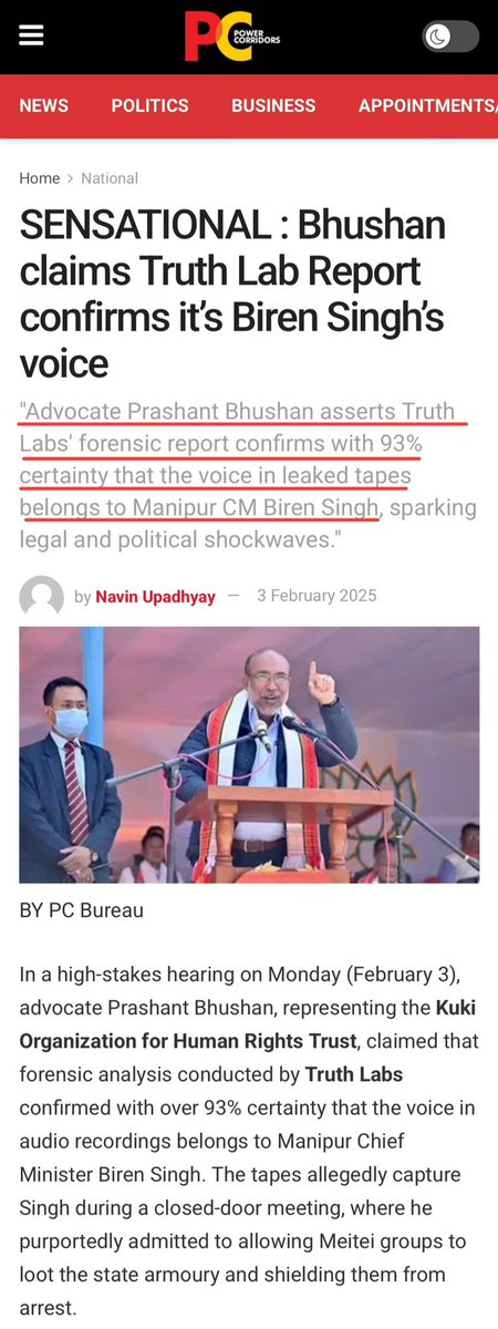 KhongsaiChanu's tweet photo. Manipur : @SCJudgments sought a forensic report on #BirenTapes implicating him in Manipur’s ethnic violence, while Truth Labs has already confirmed with 93% certainty that the voice is his. The evidence is mounting how long will the BJP protect its war criminal? #ManipurTapes https://t.co/CqCJkk31Ie