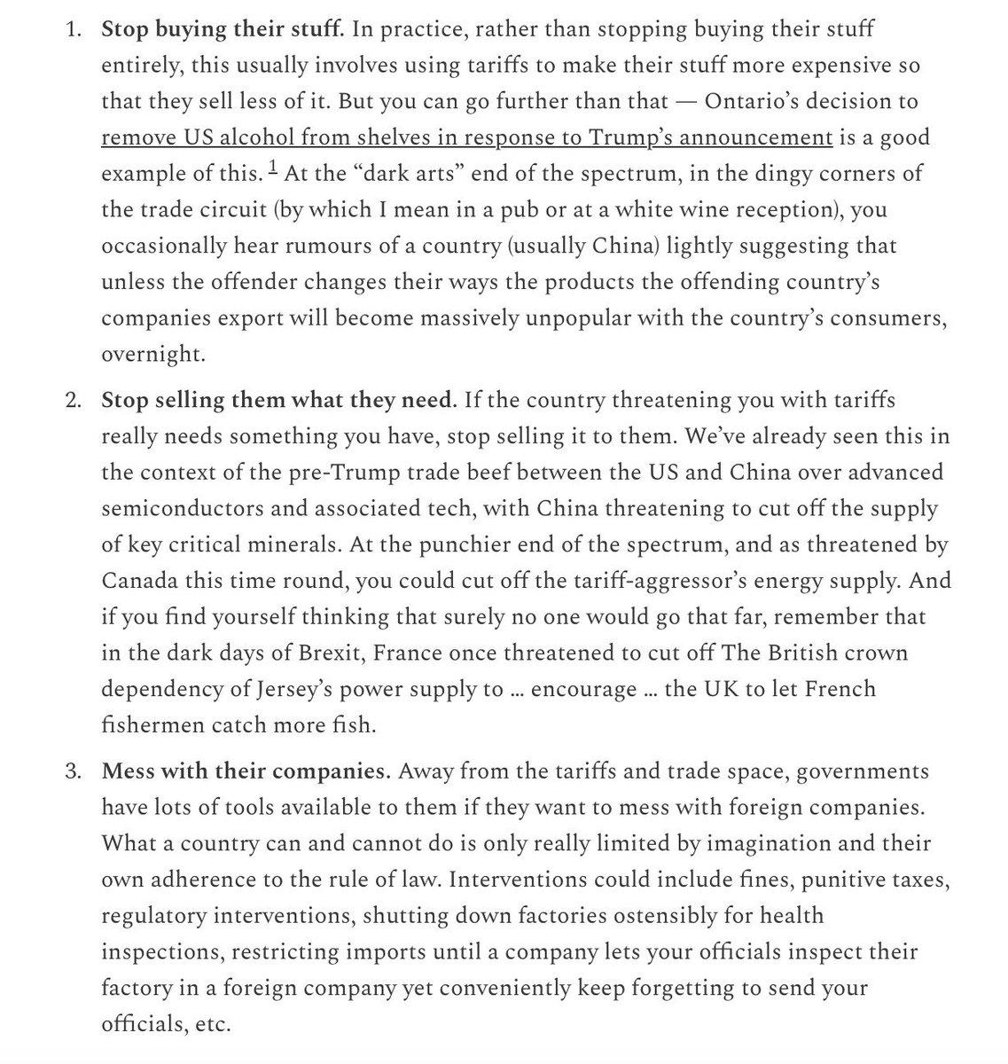 Today's edition of MFN is about what a country might decide to do when Trump decides to tariff you. 

(Description, not an endorsement, etc.)

mostfavourednation.substack.com/p/the-art-of-r…