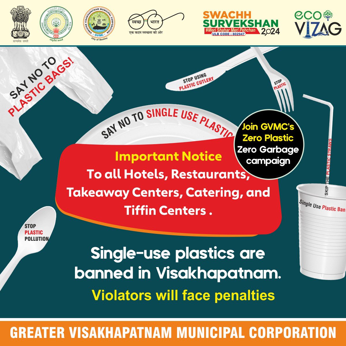 GVMC_VISAKHA's tweet photo. 🚫 Say NO to Single-Use Plastics! 🌍♻️

📢 Attention Hotels, Restaurants, Takeaway Centers, Catering & Tiffin Centers!

Single-use plastics are banned in Visakhapatnam. Violators will face penalties! 🚯  

Join GVMC’s Zero Plastic - Zero Garbage Campaign and make our city cleaner, greener, and plastic-free! 🌱✨  

Let’s #SayNoToPlastic and choose eco-friendly alternatives for a better tomorrow! 💚  

#SayNoToPlastic #EcoVizag #SwachhSurvekshan2024 #SwachhSurvekshan2024Visakhapatnam

@AndhraPradeshCM
@SwachhBharatGov
@SwachhaAndhra
@SwachSurvekshan
@swachhbharat
@MoHUA_India
@MoHFW_INDIA
@AmritMahotsav
@CDMA_Municipal
@pibvijayawada